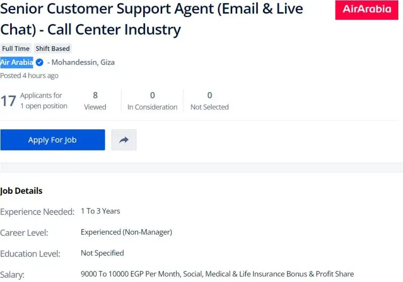 Customer Support Agent (Email & Live Chat) - Air Arabia - STJEGYPT