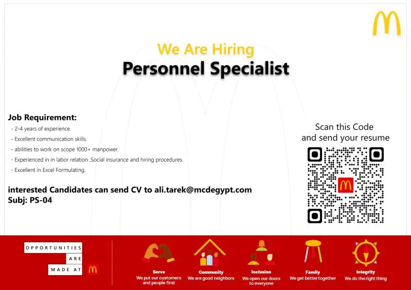McDonalds Egypt is hiring for our Head Office in Zamalek Personnel Specialist. - STJEGYPT