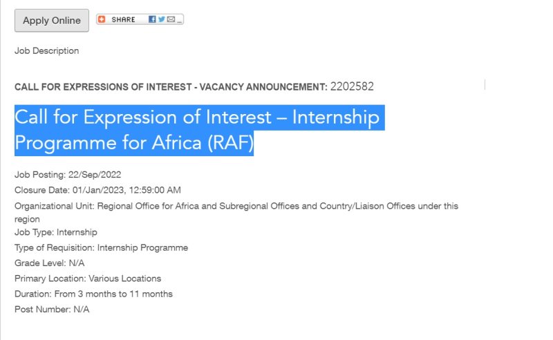 Call for Expression of Interest – Internship Programme for Africa (RAF) - FAO - STJEGYPT