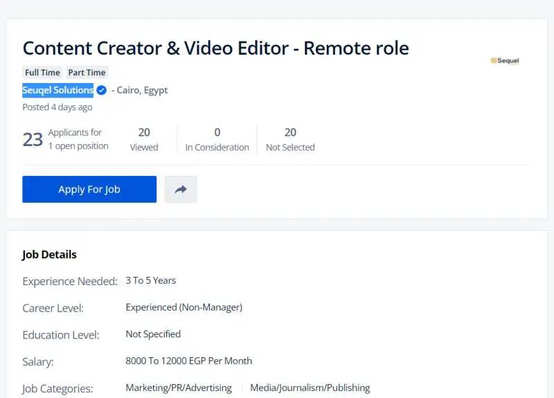 Content Creator & Video Editor - Remote role at Seuqel Solutions - STJEGYPT