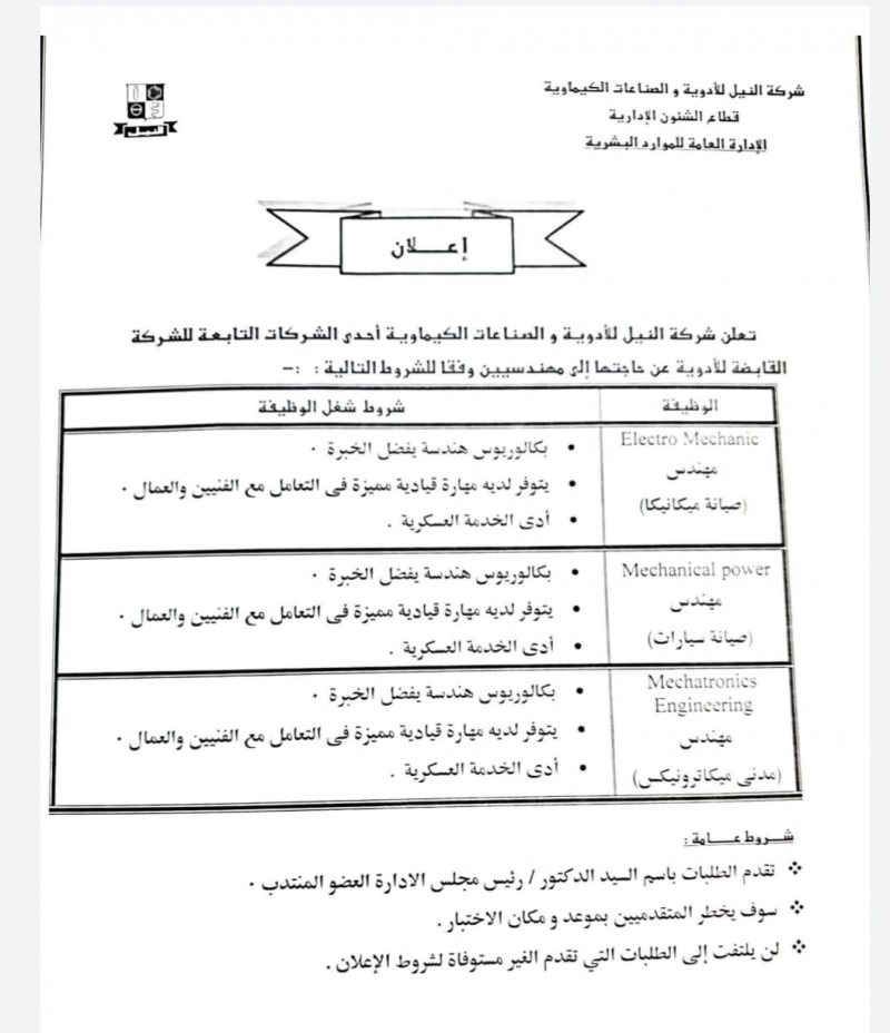 وظائف شركه النيل للادوية